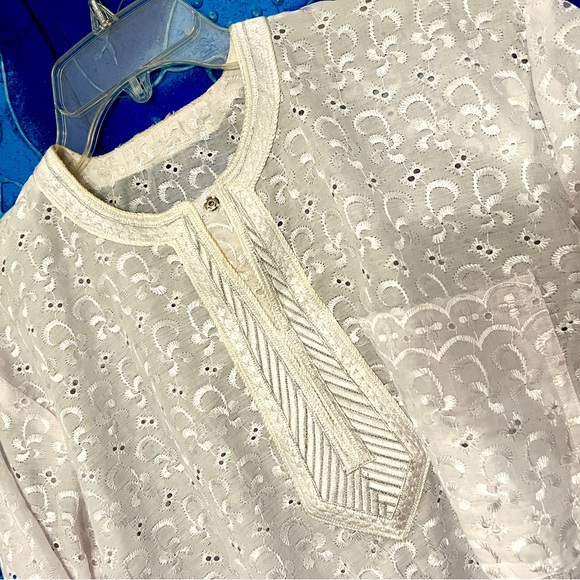 Traditional African Eyelet Dashiki Pant Set Embroidered Yoke - Light Grey/White - Picture 7 of 8